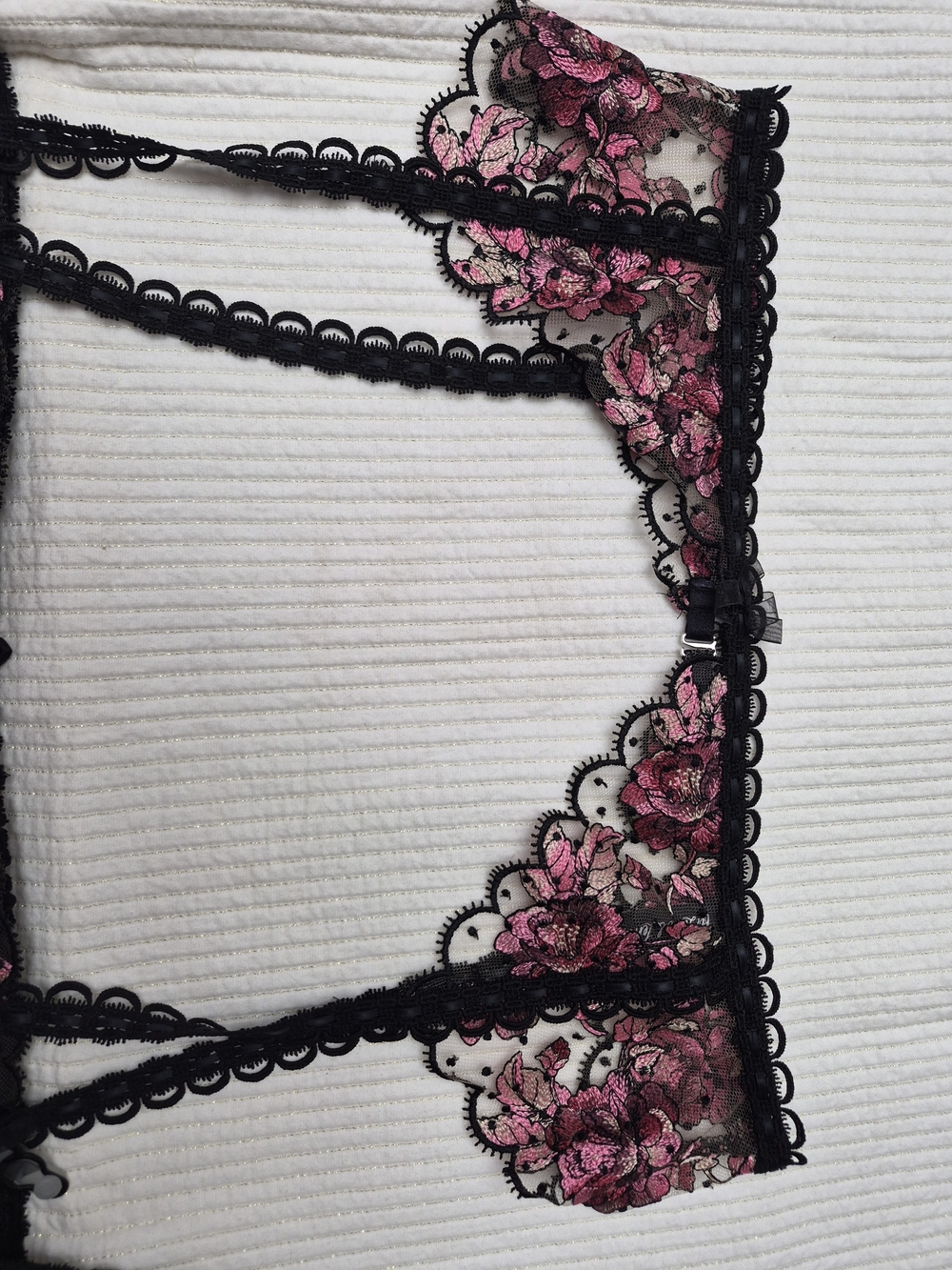 For Love And Lemons Black Sheer Bra & Garter Set with Pink Floral Embroidery - Picture 4 of 11